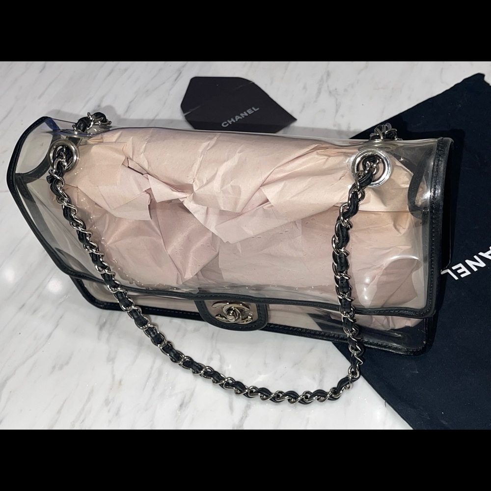 Chanel Clear PVC Black Lambskin Leather Trim Evening Shoulder Flap Bag